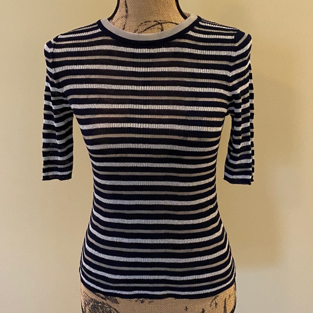 Navy Blue Silver White Striped Shirt Sleeve Top